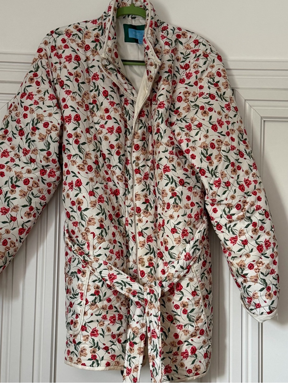 Draper James White Quilted Belted Jacket with Red & Tan Floral Print